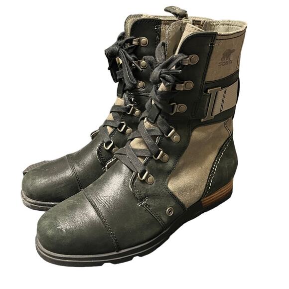 SOREL Women’s‎ MAJOR CARLY Lace Up Leather Canvas Boot 8 Black Gray - Picture 1 of 7